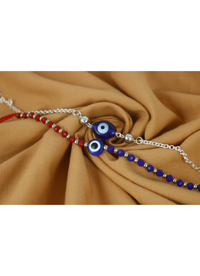 Combo of handcrafted evil eye unisex rakhi with silver and blue beaded design for bhaiya bhabhi 1