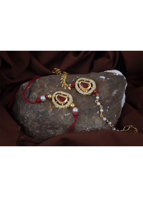 Handcrafted red kundan & pearl combo of unisex /couple pair rakhi for bhaiya bhabhi 1