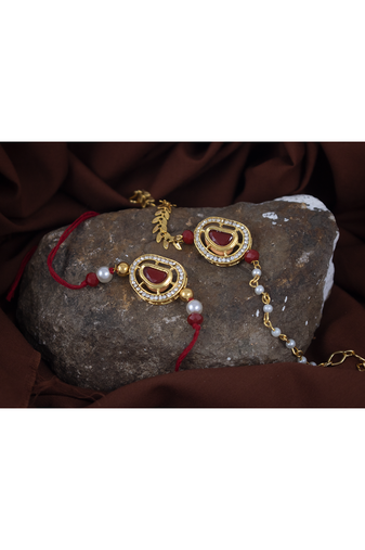Handcrafted red kundan & pearl combo of unisex /couple pair rakhi for bhaiya bhabhi