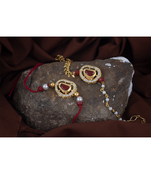 Handcrafted red kundan & pearl combo of unisex /couple pair rakhi for bhaiya bhabhi