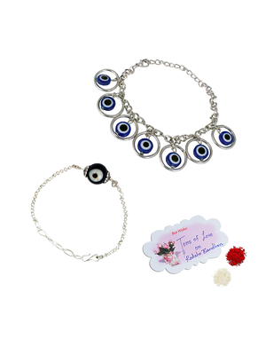 Unisex evil eye combo of silver plated protection couple pair rakhi for bhaiya bhabhi 3