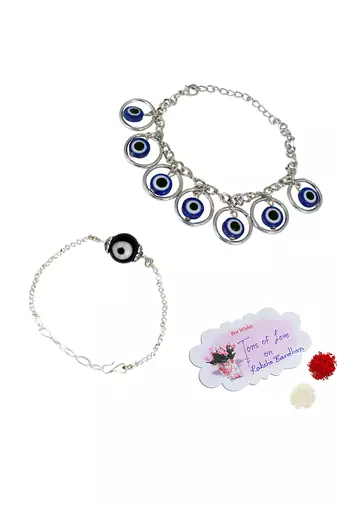 Unisex evil eye combo of silver plated protection couple pair rakhi for bhaiya bhabhi