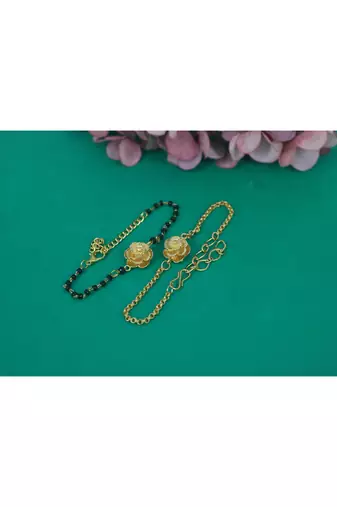 Gold plated combo of floral mangalsutra bracelet and rakhi bracelet for bhaiya bhabhi