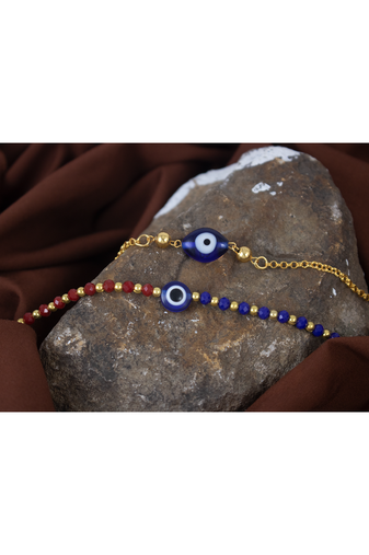 Combo of handcrafted evil eye unisex rakhi with gold and blue beaded design for bhaiya bhabhi