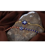 Combo of handcrafted evil eye unisex rakhi with gold and blue beaded design for bhaiya bhabhi