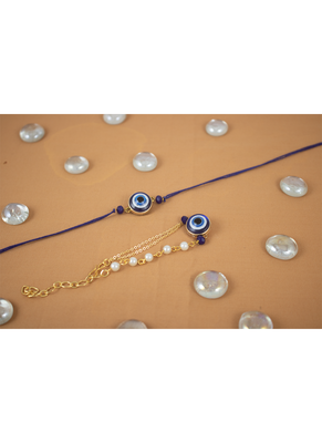 Combo of latest evil eye handcrafted couple pair rakhi for bhaiya bhabhi with roli chawal and written greeting note. 1