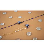 Combo of latest evil eye handcrafted couple pair rakhi for bhaiya bhabhi with roli chawal and written greeting note.