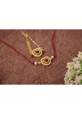 Handcrafted red kundan & pearl combo of unisex /couple pair rakhi for bhaiya bhabhi 2