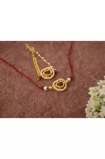 Handcrafted red kundan & pearl combo of unisex /couple pair rakhi for bhaiya bhabhi