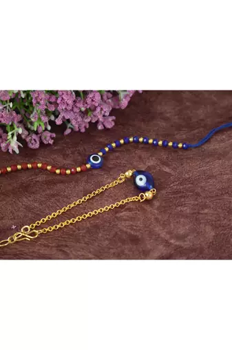 Combo of handcrafted evil eye unisex rakhi with gold and blue beaded design for bhaiya bhabhi
