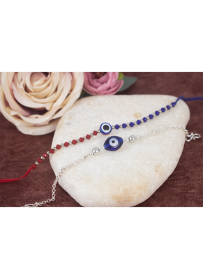 Combo of handcrafted evil eye unisex rakhi with silver and blue beaded design for bhaiya bhabhi 2
