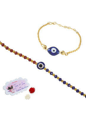Combo of handcrafted evil eye unisex rakhi with gold and blue beaded design for bhaiya bhabhi 3