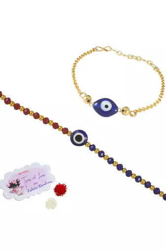 Combo of handcrafted evil eye unisex rakhi with gold and blue beaded design for bhaiya bhabhi