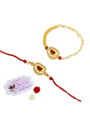 Handcrafted red kundan & pearl combo of unisex /couple pair rakhi for bhaiya bhabhi 3