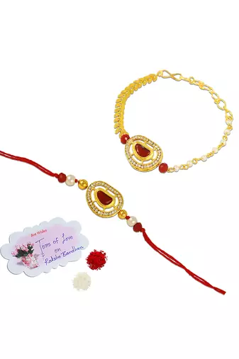 Handcrafted red kundan & pearl combo of unisex /couple pair rakhi for bhaiya bhabhi