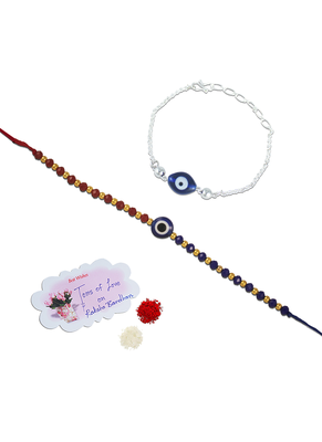 Combo of handcrafted evil eye unisex rakhi with silver and blue beaded design for bhaiya bhabhi 3