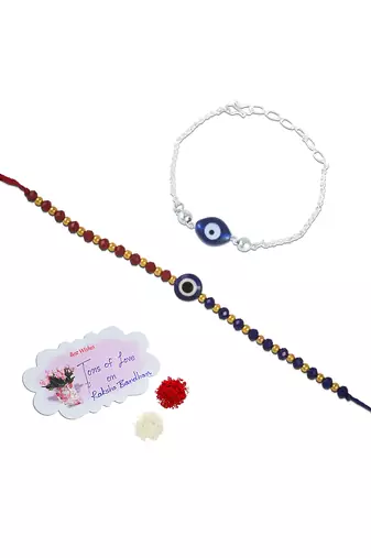 Combo of handcrafted evil eye unisex rakhi with silver and blue beaded design for bhaiya bhabhi