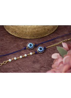 Combo of latest evil eye handcrafted couple pair rakhi for bhaiya bhabhi with roli chawal and written greeting note. 2