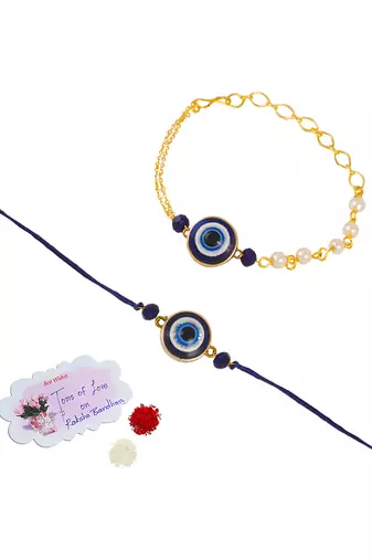 Combo of latest evil eye handcrafted couple pair rakhi for bhaiya bhabhi with roli chawal and written greeting note.