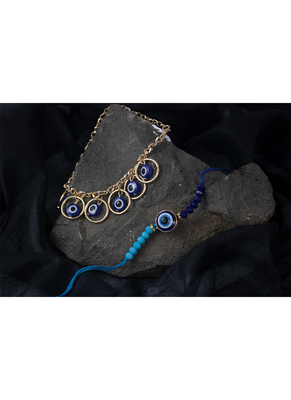 combo of fancy evil eye handcrafted protection  rakhi for bhaiya bhabhi with roli chawal and written greeting note. 1