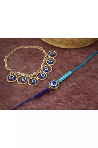 combo of fancy evil eye handcrafted protection  rakhi for bhaiya bhabhi with roli chawal and written greeting note.
