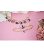 Stylish gold plated combo of evil eye protective rakhi for bhaiya bhabhi with roli chawal and written greeting note.