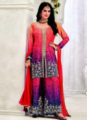 Red chinon embroidered palazzo suit 1