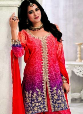 Red chinon embroidered palazzo suit 2