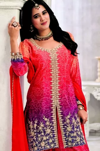 Red chinon embroidered palazzo suit