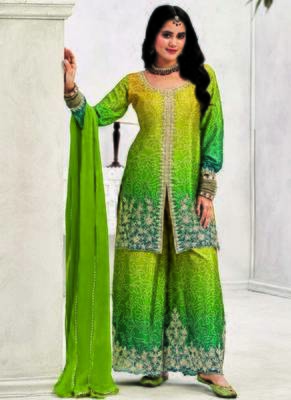 Green chinon embroidered palazzo suit 1