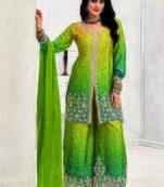 Green chinon embroidered palazzo suit