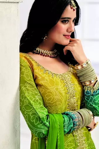 Green chinon embroidered palazzo suit