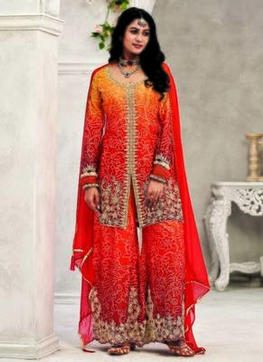 Orange chinon embroidered palazzo suit 1