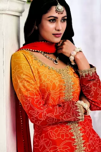 Orange chinon embroidered palazzo suit