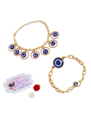 Stylish gold plated combo of evil eye protective rakhi for bhaiya bhabhi with roli chawal and written greeting note. 3