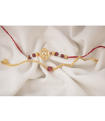 Combo of gold plated kundan couple pair rakhi raksha bandhan  with roli chawal and written greeting note.