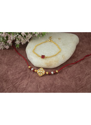 Combo of gold plated kundan couple pair rakhi raksha bandhan  with roli chawal and written greeting note. 2