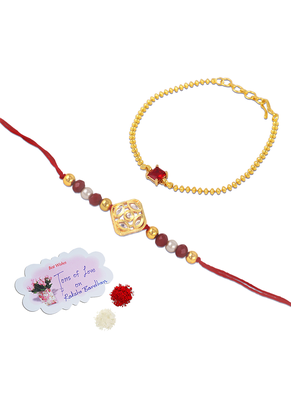 Combo of gold plated kundan couple pair rakhi raksha bandhan  with roli chawal and written greeting note. 3