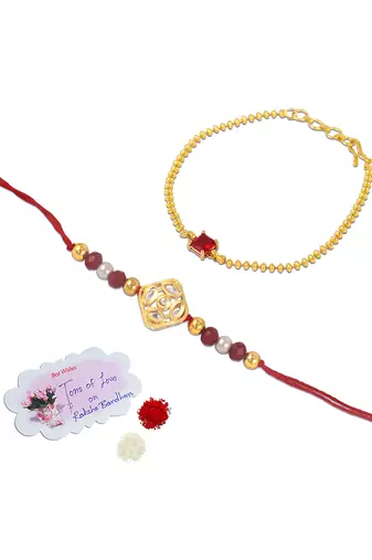 Combo of gold plated kundan couple pair rakhi raksha bandhan  with roli chawal and written greeting note.