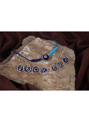 Handcrafted combo of evil eye protective rakhi for bhaiya bhabhi with roli chawal and written greeting note. 1