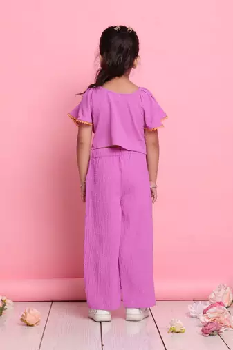 Girls' stylish lilac co-ord set     flared sleeve top & wide-leg pants