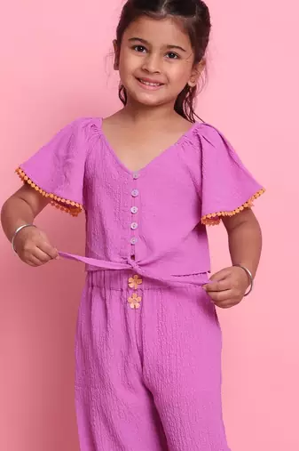 Girls' stylish lilac co-ord set     flared sleeve top & wide-leg pants