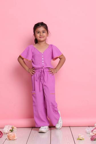 Girls' lilac co-ord set     front-knot button top with relaxed fit trousers