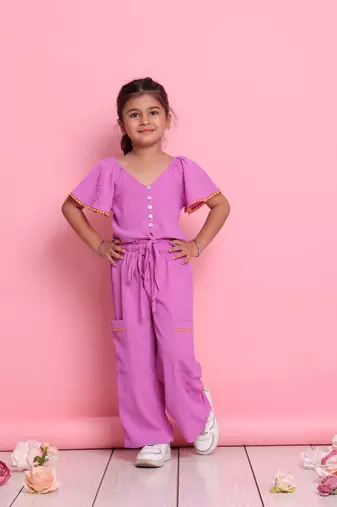 Girls' lilac co-ord set     front-knot button top with relaxed fit trousers