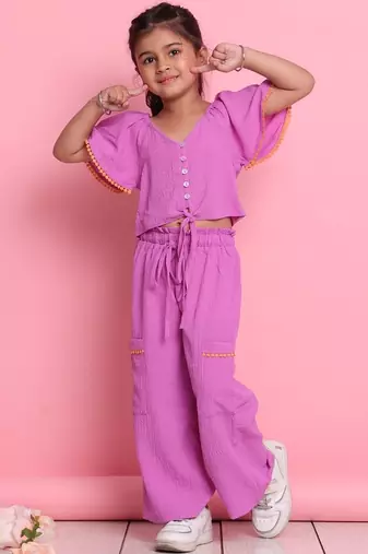 Girls' lilac co-ord set     front-knot button top with relaxed fit trousers