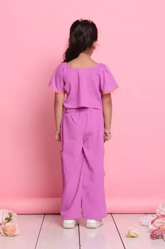 Girls' lilac co-ord set     front-knot button top with relaxed fit trousers