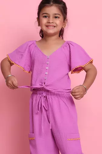 Girls' lilac co-ord set     front-knot button top with relaxed fit trousers