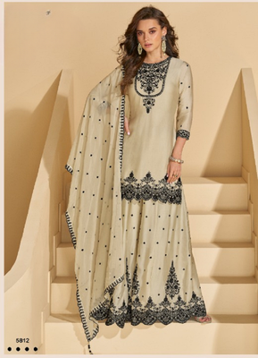 Off white chinon embroidered sequins thread work palazzo set 1