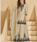 Off white chinon embroidered sequins thread work palazzo set