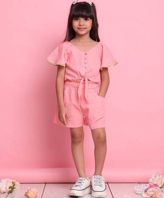 Girls' peach co-ord set     front-knot short sleeve top with matching shorts 1
